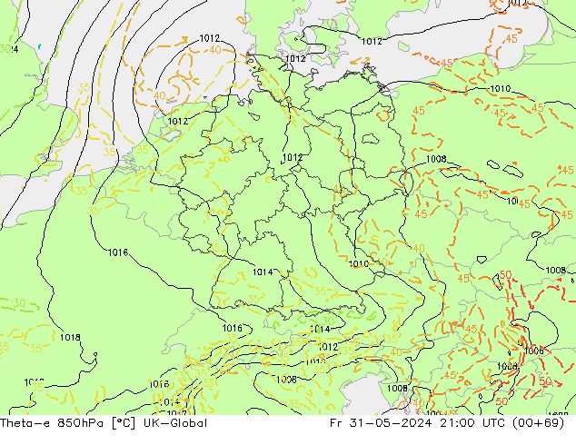 Theta-e 850hPa UK-Global ven 31.05.2024 21 UTC