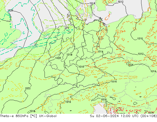Theta-e 850hPa UK-Global Su 02.06.2024 12 UTC