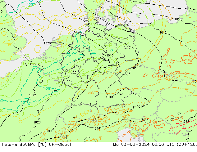Theta-e 850hPa UK-Global pon. 03.06.2024 06 UTC