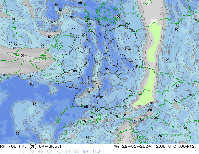 RH 700 гПа UK-Global ср 29.05.2024 12 UTC