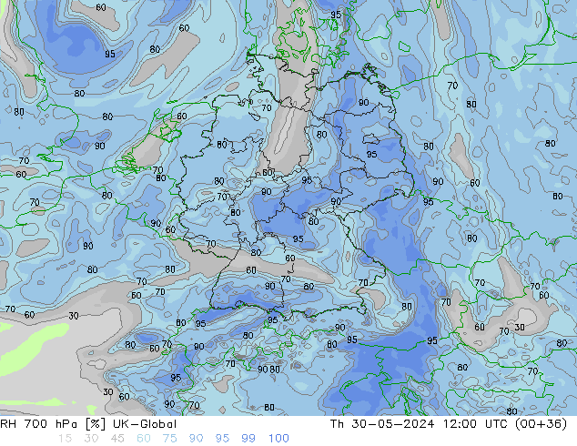 RH 700 hPa UK-Global czw. 30.05.2024 12 UTC