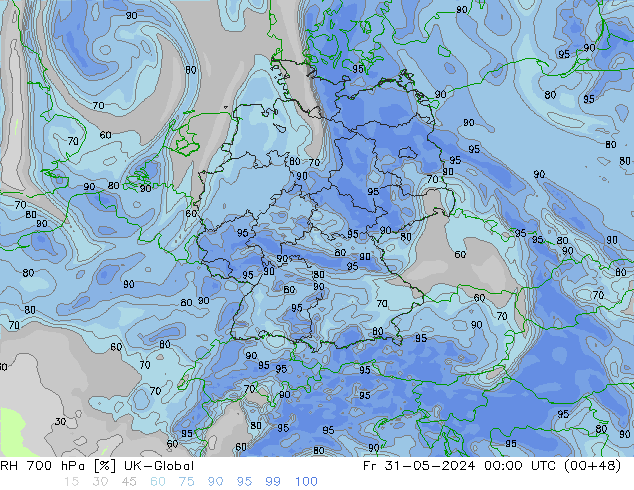 RH 700 hPa UK-Global Fr 31.05.2024 00 UTC