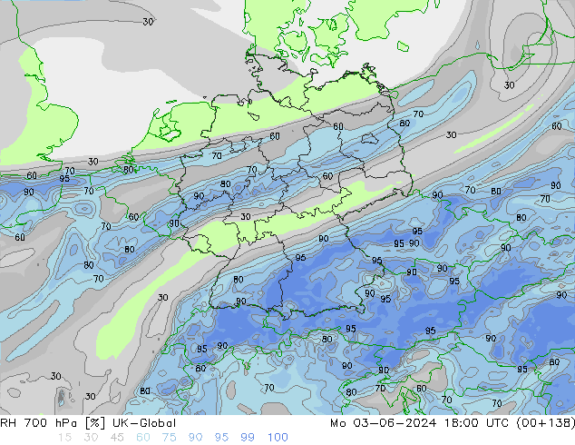 Humidité rel. 700 hPa UK-Global lun 03.06.2024 18 UTC