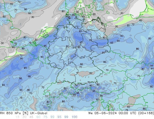 850 hPa Nispi Nem UK-Global Çar 05.06.2024 00 UTC