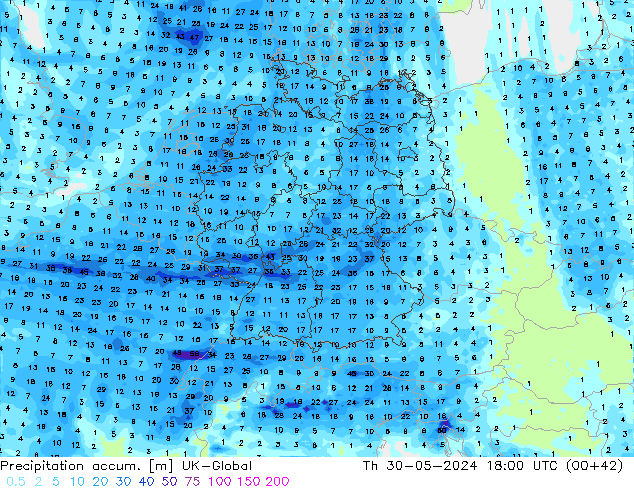 Precipitation accum. UK-Global czw. 30.05.2024 18 UTC