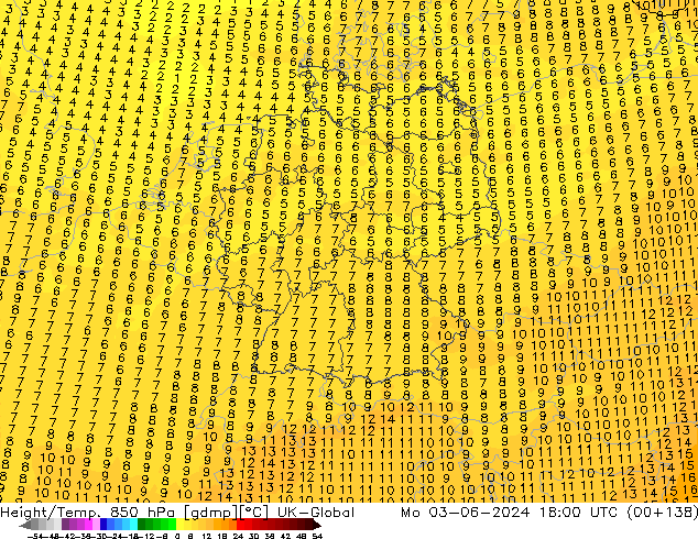 Height/Temp. 850 hPa UK-Global Po 03.06.2024 18 UTC