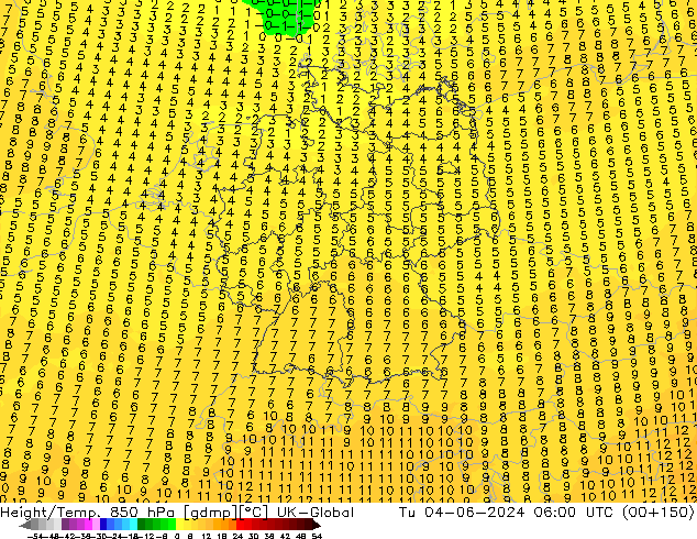 Hoogte/Temp. 850 hPa UK-Global di 04.06.2024 06 UTC