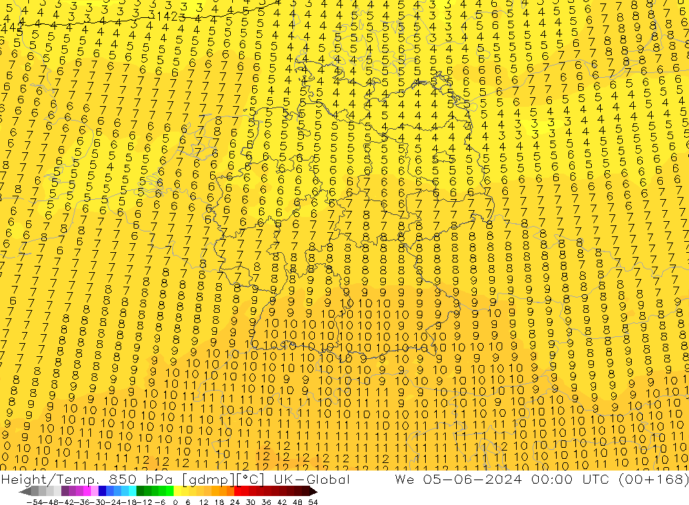 Geop./Temp. 850 hPa UK-Global mié 05.06.2024 00 UTC