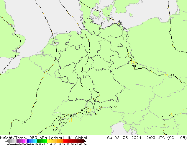 Height/Temp. 950 hPa UK-Global Dom 02.06.2024 12 UTC