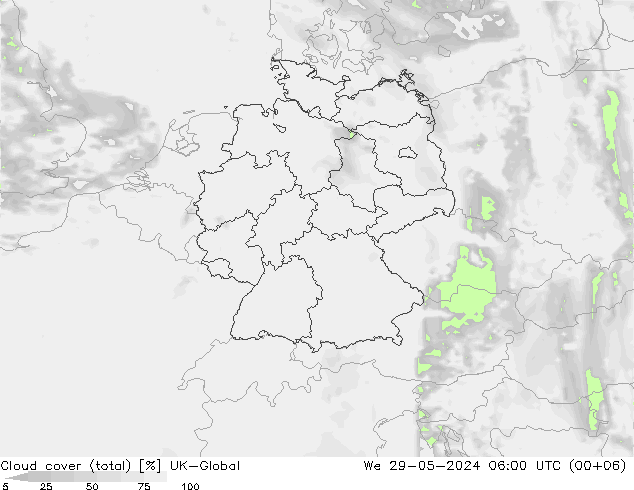 Cloud cover (total) UK-Global We 29.05.2024 06 UTC