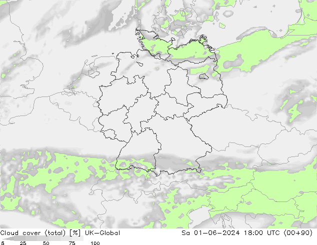 Bewolking (Totaal) UK-Global za 01.06.2024 18 UTC