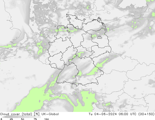 Cloud cover (total) UK-Global Út 04.06.2024 06 UTC