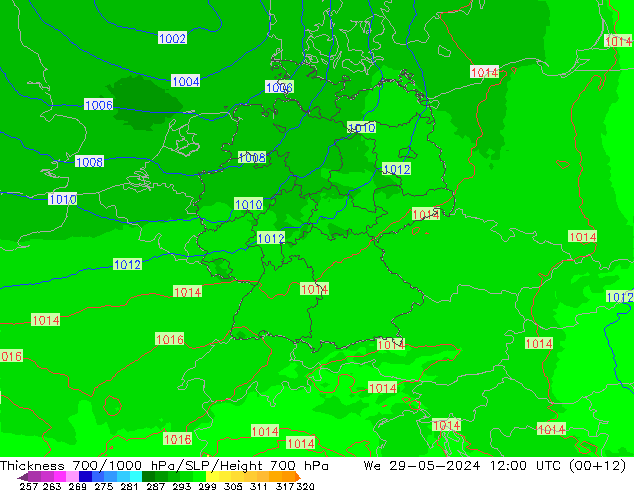 Thck 700-1000 hPa UK-Global We 29.05.2024 12 UTC