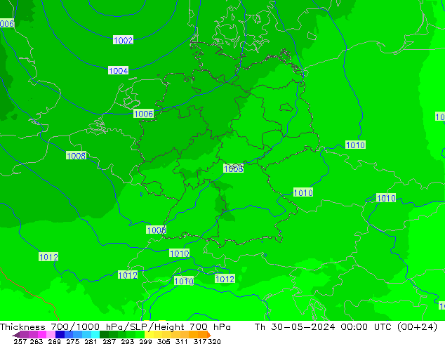 Thck 700-1000 hPa UK-Global gio 30.05.2024 00 UTC