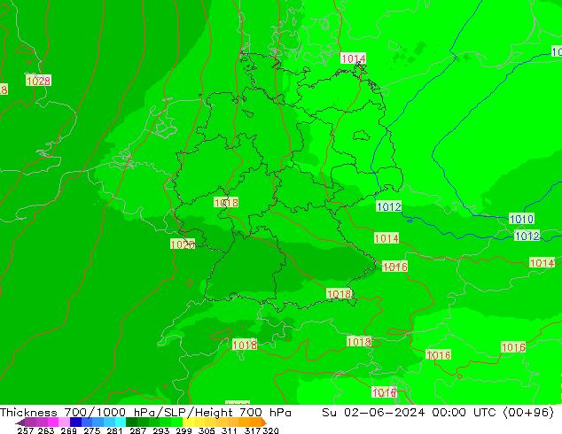 Thck 700-1000 hPa UK-Global dom 02.06.2024 00 UTC