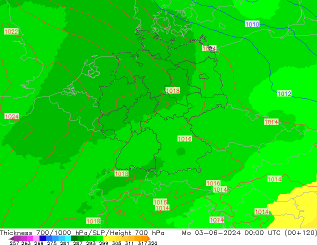 Dikte700-1000 hPa UK-Global ma 03.06.2024 00 UTC