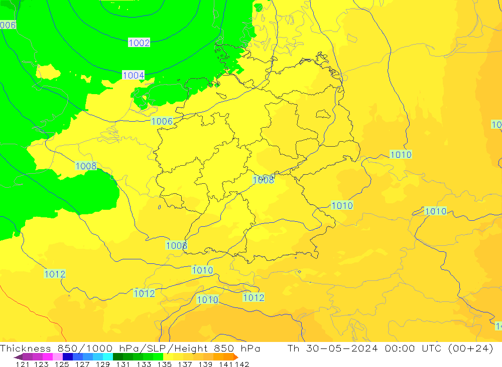Thck 850-1000 hPa UK-Global gio 30.05.2024 00 UTC