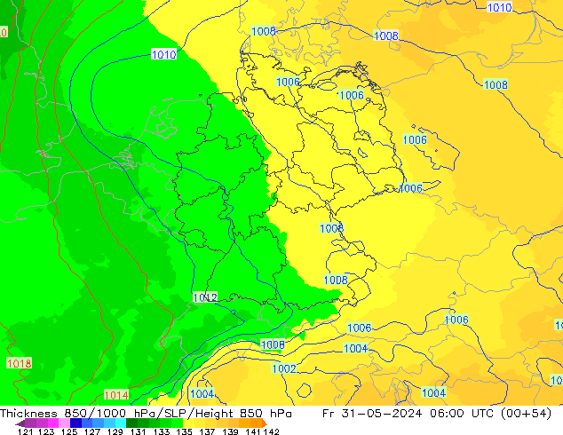 Espesor 850-1000 hPa UK-Global vie 31.05.2024 06 UTC