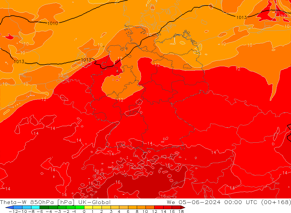 Theta-W 850hPa UK-Global St 05.06.2024 00 UTC