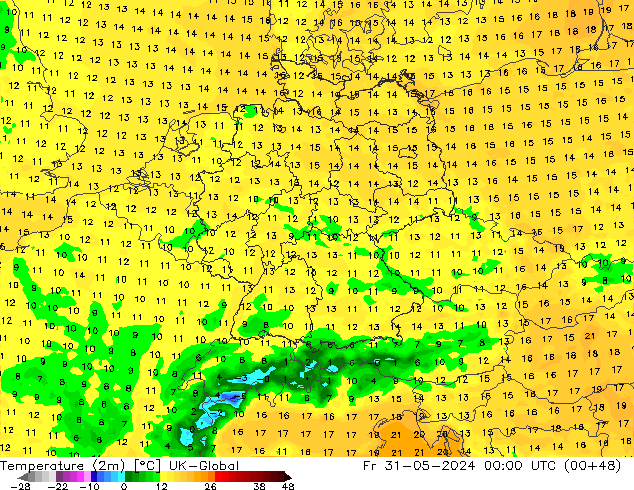 Temperature (2m) UK-Global Fr 31.05.2024 00 UTC