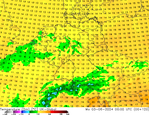 Temperatuurkaart (2m) UK-Global ma 03.06.2024 00 UTC