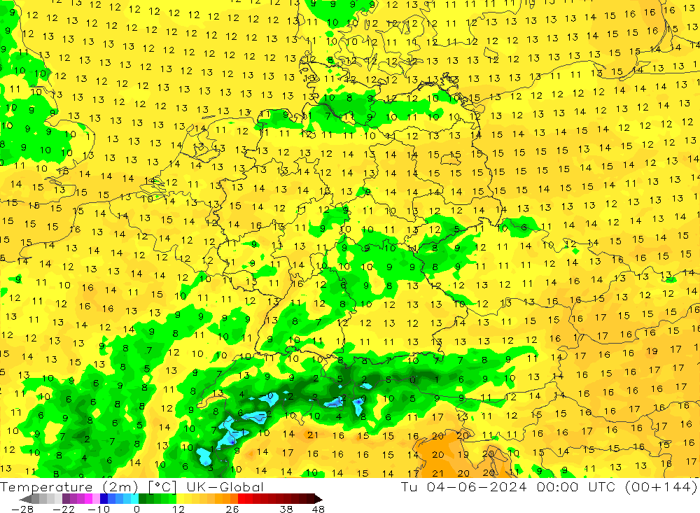 Temperature (2m) UK-Global Tu 04.06.2024 00 UTC