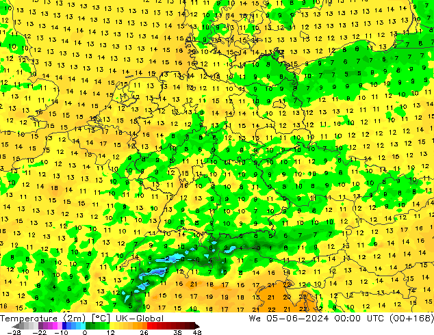 Temperatuurkaart (2m) UK-Global wo 05.06.2024 00 UTC