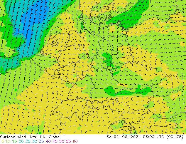 Viento 10 m UK-Global sáb 01.06.2024 06 UTC