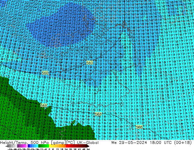 Geop./Temp. 500 hPa UK-Global mié 29.05.2024 18 UTC