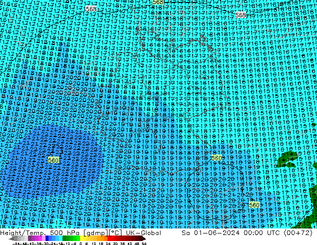 Height/Temp. 500 hPa UK-Global Sáb 01.06.2024 00 UTC