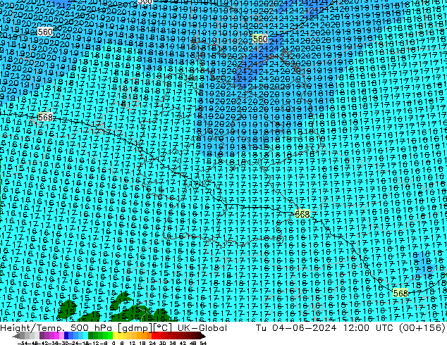 Height/Temp. 500 hPa UK-Global wto. 04.06.2024 12 UTC