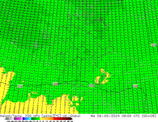 Hoogte/Temp. 700 hPa UK-Global wo 29.05.2024 06 UTC