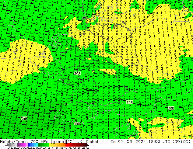 Yükseklik/Sıc. 700 hPa UK-Global Cts 01.06.2024 18 UTC