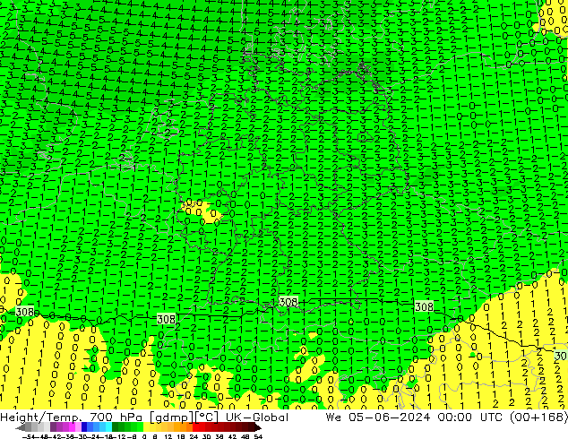 Géop./Temp. 700 hPa UK-Global mer 05.06.2024 00 UTC