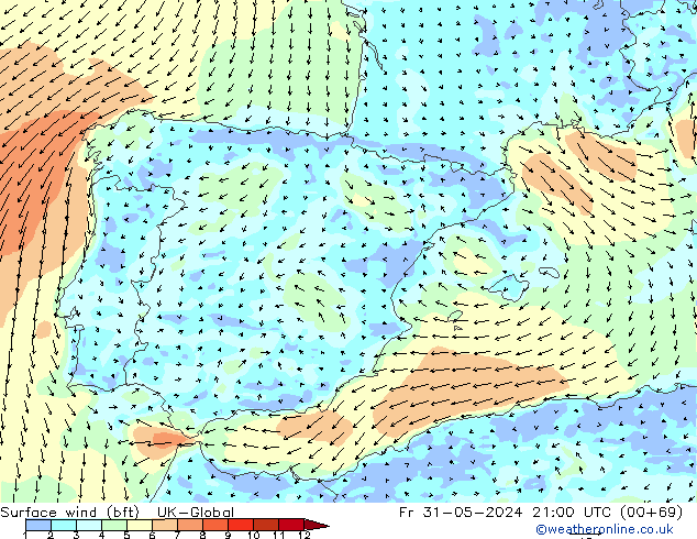 Surface wind (bft) UK-Global Pá 31.05.2024 21 UTC