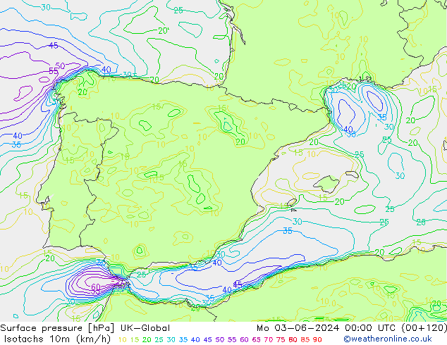 Isotachs (kph) UK-Global  03.06.2024 00 UTC