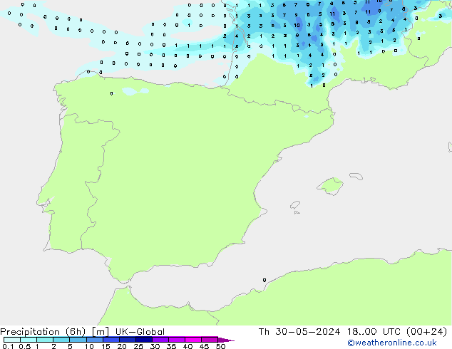 Precipitation (6h) UK-Global Čt 30.05.2024 00 UTC