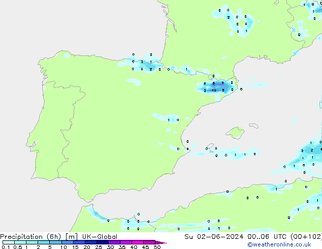 Precipitation (6h) UK-Global Su 02.06.2024 06 UTC