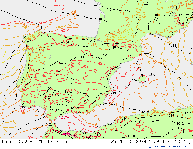 Theta-e 850hPa UK-Global We 29.05.2024 15 UTC