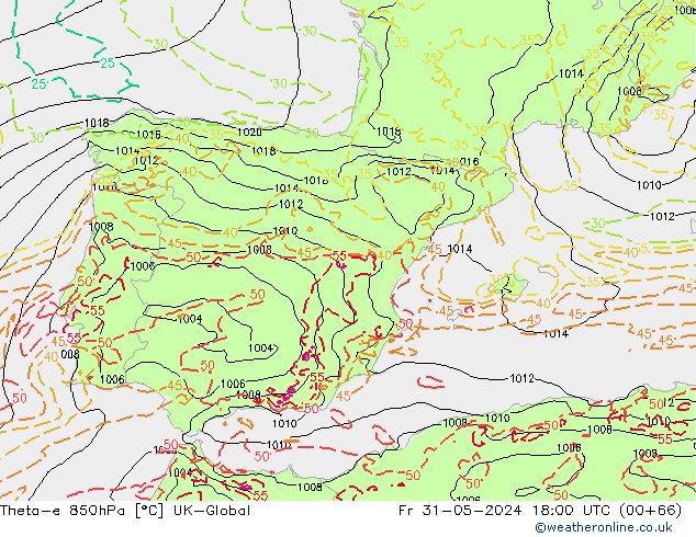 Theta-e 850hPa UK-Global pt. 31.05.2024 18 UTC