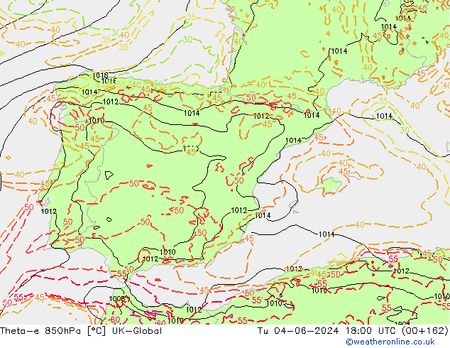 Theta-e 850hPa UK-Global Ter 04.06.2024 18 UTC