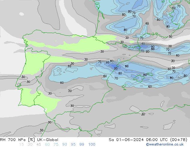 RH 700 hPa UK-Global Sáb 01.06.2024 06 UTC