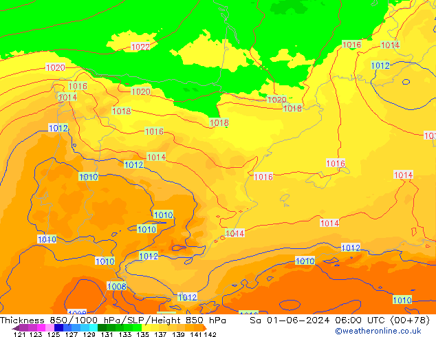 Dikte 850-1000 hPa UK-Global za 01.06.2024 06 UTC