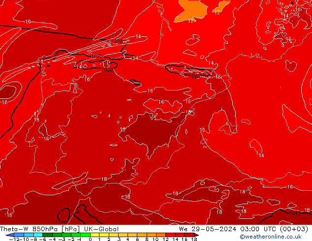Theta-W 850hPa UK-Global We 29.05.2024 03 UTC