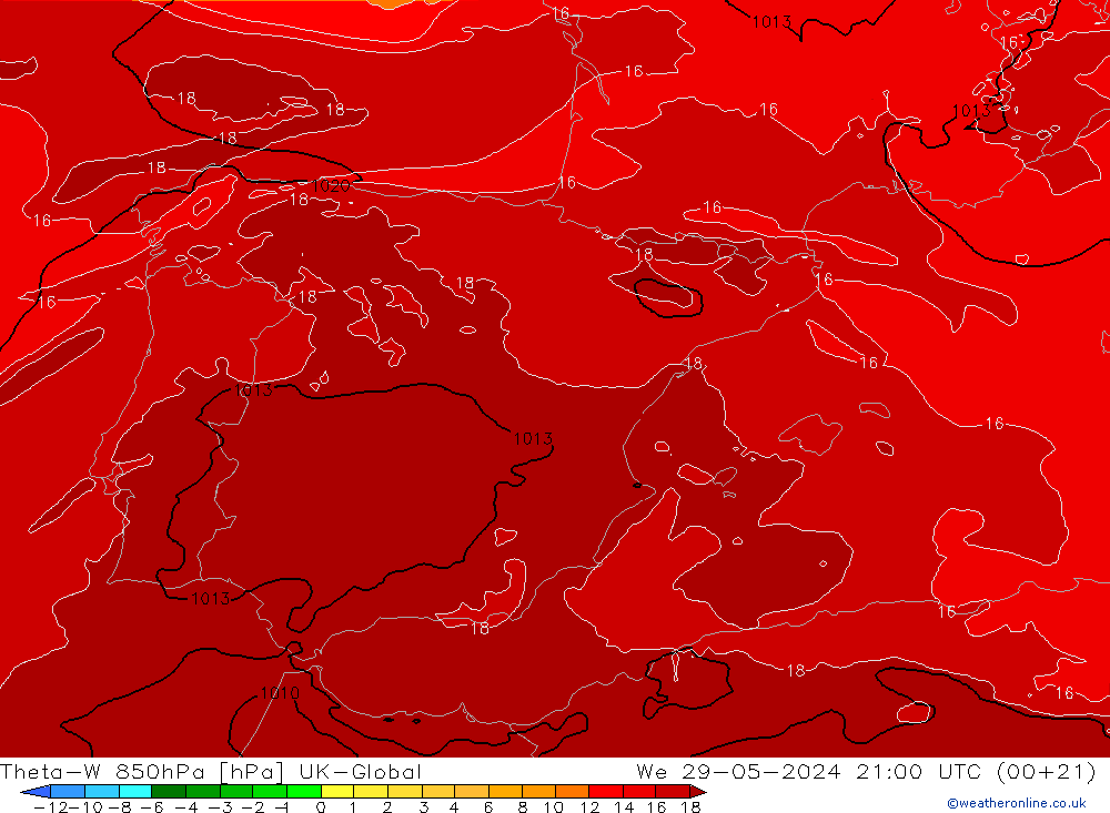 Theta-W 850hPa UK-Global St 29.05.2024 21 UTC