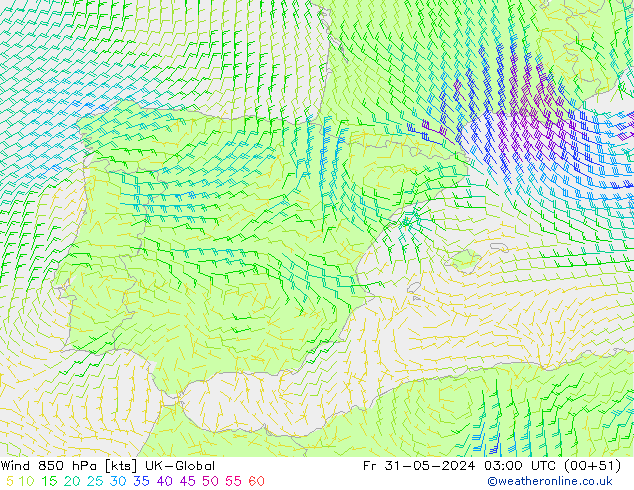 ветер 850 гПа UK-Global пт 31.05.2024 03 UTC