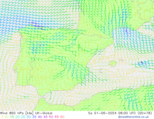 Vento 850 hPa UK-Global sab 01.06.2024 06 UTC