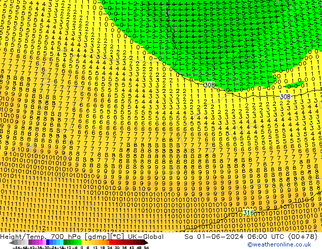 Height/Temp. 700 гПа UK-Global сб 01.06.2024 06 UTC