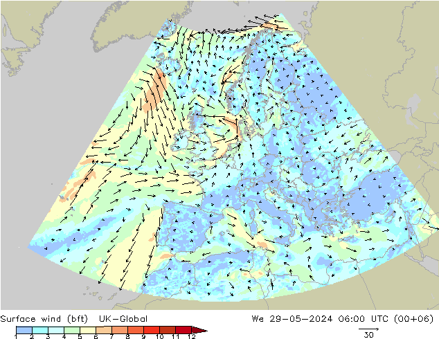 Vent 10 m (bft) UK-Global mer 29.05.2024 06 UTC