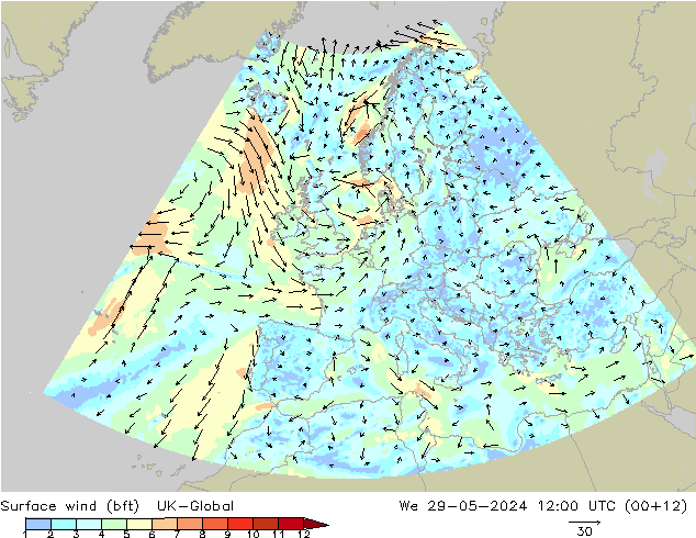 Rüzgar 10 m (bft) UK-Global Çar 29.05.2024 12 UTC